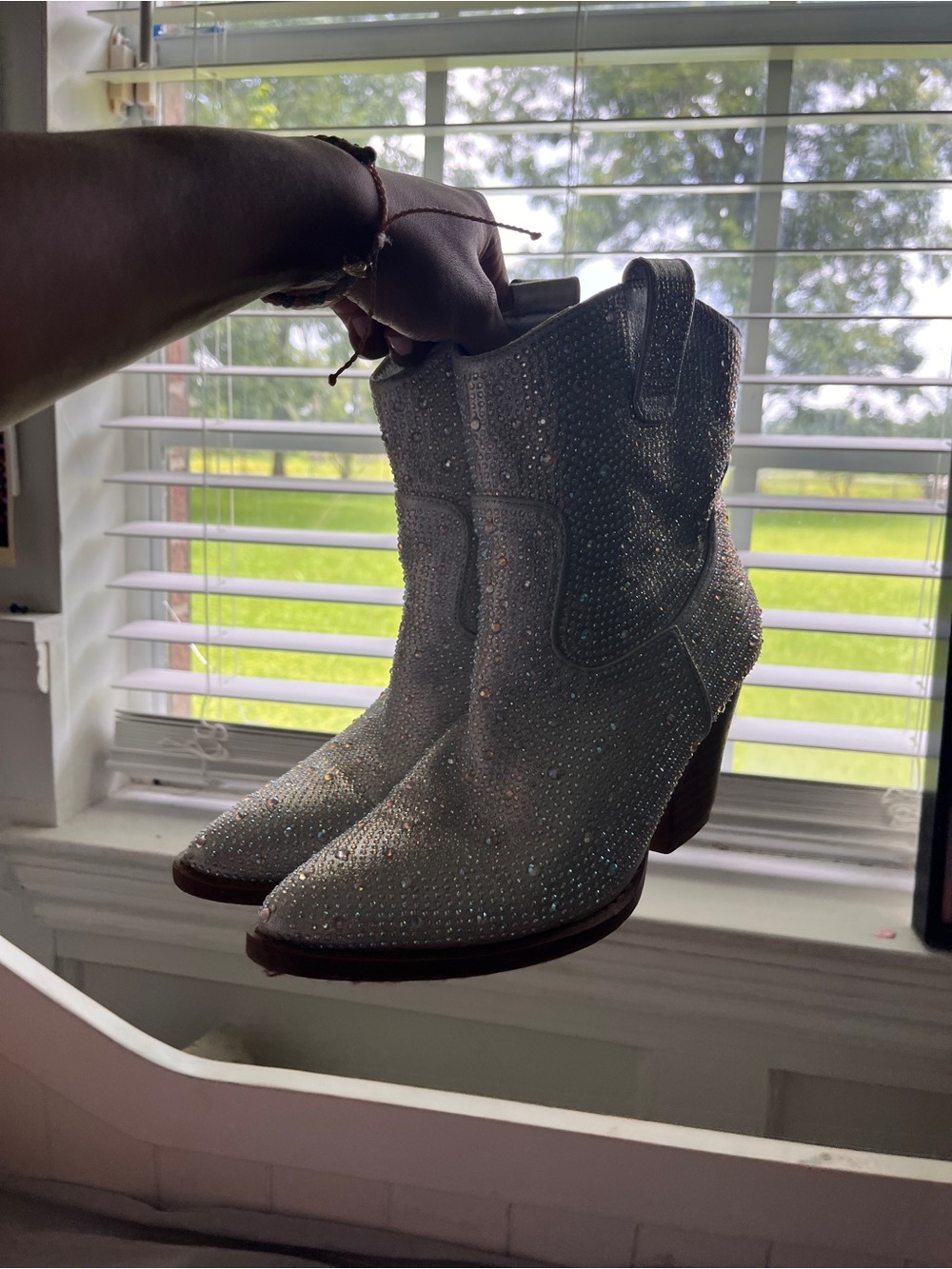 Forever 21 Silver Rhinestone Western Ankle Boots with Stacked Heel